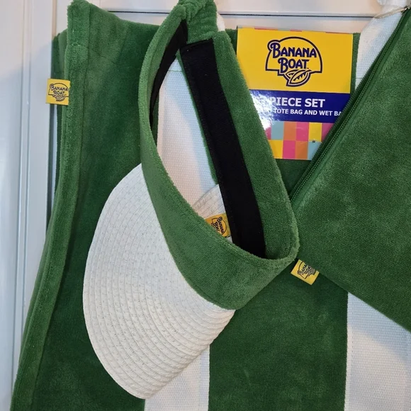 Banana Boat 3 Pc Beach Set Terry Cloth Large Tote Visor Wet Bag Green White - Picture 2 of 14